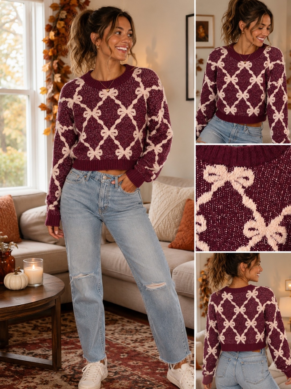 Derek Heart NWT Large Burgundy Bow Print Cropped Sweater Coquette